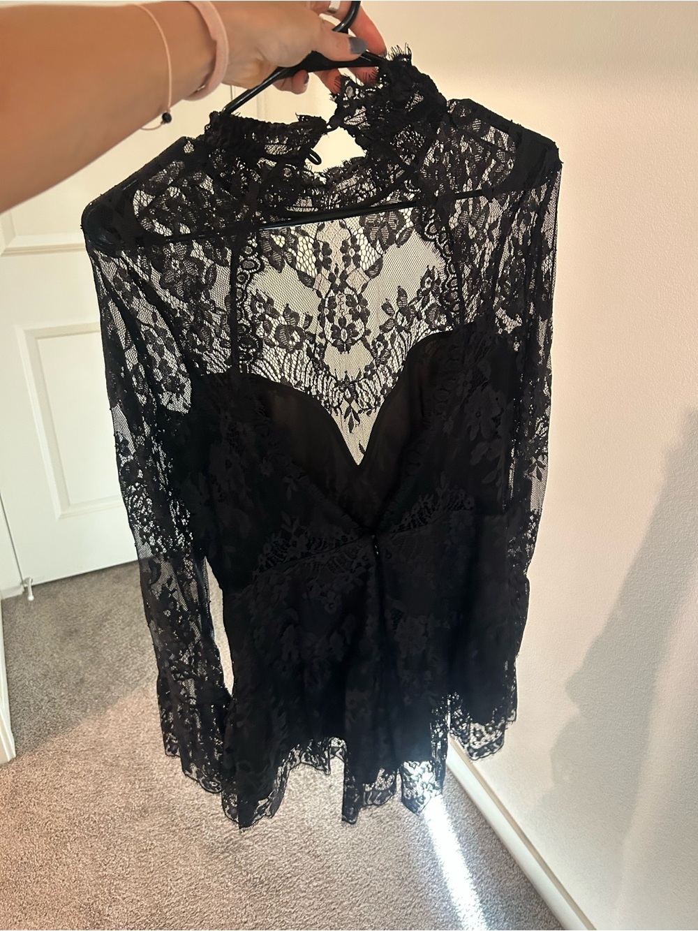 Free people SAYLOR Black Lace high neck open back romper.
